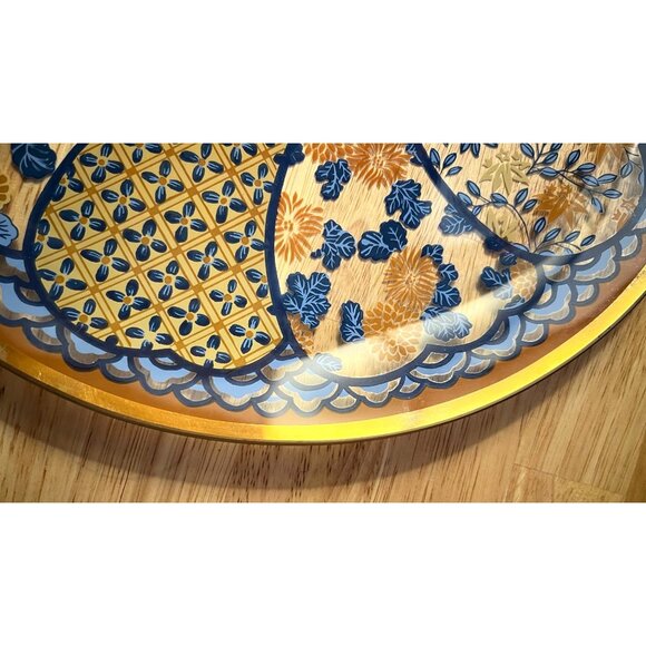 Large Glass Serving Plate w/ Blue Butterflies & Orange Flowers Asian Inspired - Picture 4 of 8